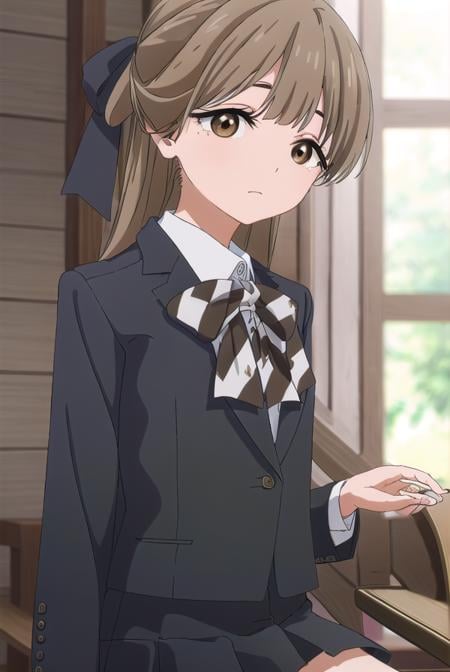 yasukonawashiro, <lora:yasuko nawashiro s1-lora-nochekaiser:1>,yasuko nawashiro, long hair, brown hair, bow, ribbon, (brown eyes:1.5), hair bow, mole, mole under eye, half updo,BREAK skirt, long sleeves, school uniform, jacket, socks, black skirt, two side up, black jacket, kneehighs, blazer, black socks, bow, bowtie, stripped, stripped bowtie,BREAK indoors, classroom,BREAK looking at viewer, (cowboy shot:1.5),BREAK <lyco:GoodHands-beta2:1>, (masterpiece:1.2), best quality, high resolution, unity 8k wallpaper, (illustration:0.8), (beautiful detailed eyes:1.6), extremely detailed face, perfect lighting, extremely detailed CG, (perfect hands, perfect anatomy),