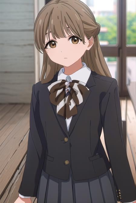 yasukonawashiro, <lora:yasuko nawashiro s1-lora-nochekaiser:1>,yasuko nawashiro, long hair, brown hair, bow, ribbon, (brown eyes:1.5), hair bow, mole, mole under eye, half updo,BREAK skirt, long sleeves, school uniform, jacket, socks, black skirt, two side up, black jacket, kneehighs, blazer, black socks, bow, bowtie, stripped, stripped bowtie,BREAK indoors, classroom,BREAK looking at viewer, (cowboy shot:1.5),BREAK <lyco:GoodHands-beta2:1>, (masterpiece:1.2), best quality, high resolution, unity 8k wallpaper, (illustration:0.8), (beautiful detailed eyes:1.6), extremely detailed face, perfect lighting, extremely detailed CG, (perfect hands, perfect anatomy),