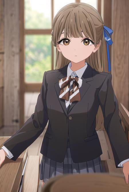 yasukonawashiro, <lora:yasuko nawashiro s1-lora-nochekaiser:1>,yasuko nawashiro, long hair, brown hair, bow, ribbon, (brown eyes:1.5), hair bow, mole, mole under eye, half updo,BREAK skirt, long sleeves, school uniform, jacket, socks, black skirt, two side up, black jacket, kneehighs, blazer, black socks, bow, bowtie, stripped, stripped bowtie,BREAK indoors, classroom,BREAK looking at viewer, (cowboy shot:1.5),BREAK <lyco:GoodHands-beta2:1>, (masterpiece:1.2), best quality, high resolution, unity 8k wallpaper, (illustration:0.8), (beautiful detailed eyes:1.6), extremely detailed face, perfect lighting, extremely detailed CG, (perfect hands, perfect anatomy),