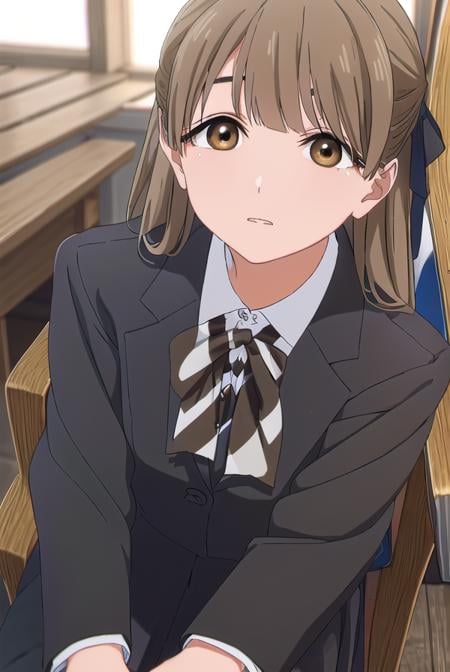 yasukonawashiro, <lora:yasuko nawashiro s1-lora-nochekaiser:1>,yasuko nawashiro, long hair, brown hair, bow, ribbon, (brown eyes:1.5), hair bow, mole, mole under eye, half updo,BREAK skirt, long sleeves, school uniform, jacket, socks, black skirt, two side up, black jacket, kneehighs, blazer, black socks, bow, bowtie, stripped, stripped bowtie,BREAK indoors, classroom,BREAK looking at viewer, (cowboy shot:1.5),BREAK <lyco:GoodHands-beta2:1>, (masterpiece:1.2), best quality, high resolution, unity 8k wallpaper, (illustration:0.8), (beautiful detailed eyes:1.6), extremely detailed face, perfect lighting, extremely detailed CG, (perfect hands, perfect anatomy),