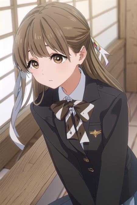 yasukonawashiro, <lora:yasuko nawashiro s1-lora-nochekaiser:1>,yasuko nawashiro, long hair, brown hair, bow, ribbon, (brown eyes:1.5), hair bow, mole, mole under eye, half updo,BREAK skirt, long sleeves, school uniform, jacket, socks, black skirt, two side up, black jacket, kneehighs, blazer, black socks, bow, bowtie, stripped, stripped bowtie,BREAK indoors, classroom,BREAK looking at viewer, (cowboy shot:1.5),BREAK <lyco:GoodHands-beta2:1>, (masterpiece:1.2), best quality, high resolution, unity 8k wallpaper, (illustration:0.8), (beautiful detailed eyes:1.6), extremely detailed face, perfect lighting, extremely detailed CG, (perfect hands, perfect anatomy),