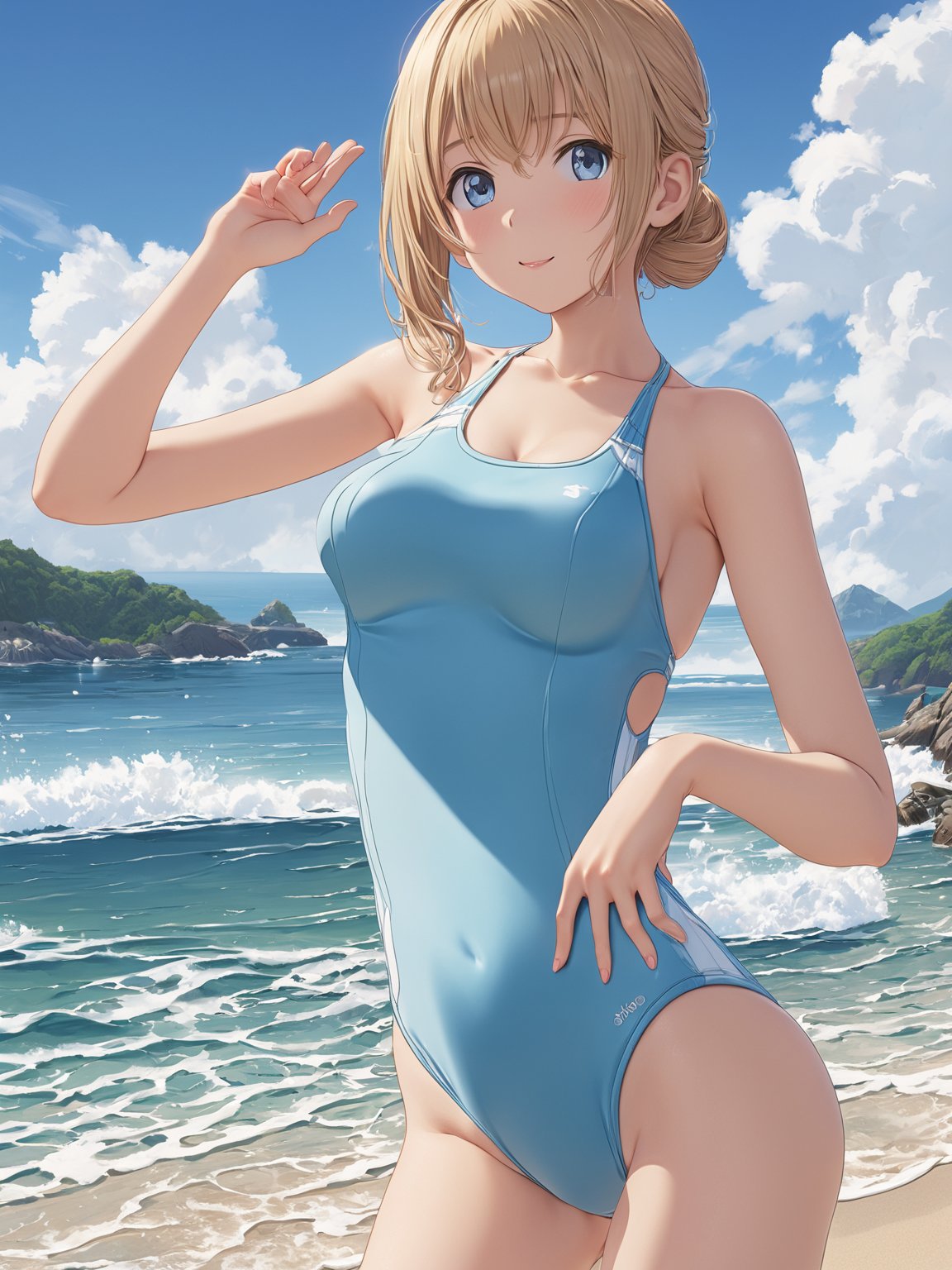 //Quality,
masterpiece, best quality, ultra detailed, 8K-UHD
,//Character,
1girl, solo
,//Fashion,
swim_suit
,//Background,
sky, outdoor, seaside
,//Others,
,SakuyaTsuitachiStyle