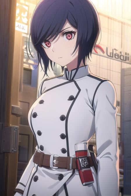 akudamaapprentice, <lora:akudama apprentice s1-lora-nochekaiser:1>,apprentice, short hair, black hair, (red eyes:1.3), hair between eyes,BREAK gloves, belt, white gloves, uniform, military, military uniform,BREAK outdoors, city,BREAK looking at viewer, (cowboy shot:1.5),BREAK <lyco:GoodHands-beta2:1>, (masterpiece:1.2), best quality, high resolution, unity 8k wallpaper, (illustration:0.8), (beautiful detailed eyes:1.6), extremely detailed face, perfect lighting, extremely detailed CG, (perfect hands, perfect anatomy),