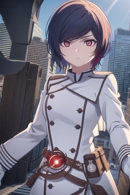 akudamaapprentice, <lora:akudama apprentice s1-lora-nochekaiser:1>,apprentice, short hair, black hair, (red eyes:1.3), hair between eyes,BREAK gloves, belt, white gloves, uniform, military, military uniform,BREAK outdoors, city,BREAK looking at viewer, (cowboy shot:1.5),BREAK <lyco:GoodHands-beta2:1>, (masterpiece:1.2), best quality, high resolution, unity 8k wallpaper, (illustration:0.8), (beautiful detailed eyes:1.6), extremely detailed face, perfect lighting, extremely detailed CG, (perfect hands, perfect anatomy),