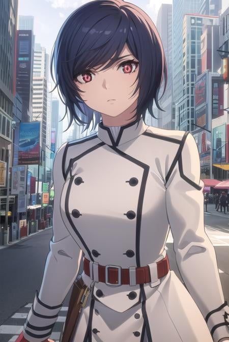 akudamaapprentice, <lora:akudama apprentice s1-lora-nochekaiser:1>,apprentice, short hair, black hair, (red eyes:1.3), hair between eyes,BREAK gloves, belt, white gloves, uniform, military, military uniform,BREAK outdoors, city,BREAK looking at viewer, (cowboy shot:1.5),BREAK <lyco:GoodHands-beta2:1>, (masterpiece:1.2), best quality, high resolution, unity 8k wallpaper, (illustration:0.8), (beautiful detailed eyes:1.6), extremely detailed face, perfect lighting, extremely detailed CG, (perfect hands, perfect anatomy),