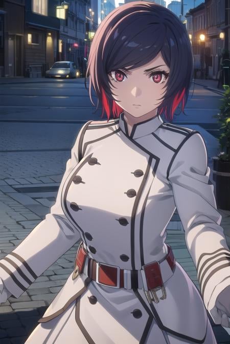 akudamaapprentice, <lora:akudama apprentice s1-lora-nochekaiser:1>,apprentice, short hair, black hair, (red eyes:1.3), hair between eyes,BREAK gloves, belt, white gloves, uniform, military, military uniform,BREAK outdoors, city,BREAK looking at viewer, (cowboy shot:1.5),BREAK <lyco:GoodHands-beta2:1>, (masterpiece:1.2), best quality, high resolution, unity 8k wallpaper, (illustration:0.8), (beautiful detailed eyes:1.6), extremely detailed face, perfect lighting, extremely detailed CG, (perfect hands, perfect anatomy),