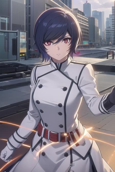 akudamaapprentice, <lora:akudama apprentice s1-lora-nochekaiser:1>,apprentice, short hair, black hair, (red eyes:1.3), hair between eyes,BREAK gloves, belt, white gloves, uniform, military, military uniform,BREAK outdoors, city,BREAK looking at viewer, (cowboy shot:1.5),BREAK <lyco:GoodHands-beta2:1>, (masterpiece:1.2), best quality, high resolution, unity 8k wallpaper, (illustration:0.8), (beautiful detailed eyes:1.6), extremely detailed face, perfect lighting, extremely detailed CG, (perfect hands, perfect anatomy),