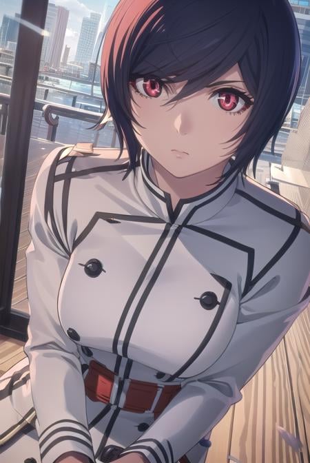 akudamaapprentice, <lora:akudama apprentice s1-lora-nochekaiser:1>,apprentice, short hair, black hair, (red eyes:1.3), hair between eyes,BREAK gloves, belt, white gloves, uniform, military, military uniform,BREAK outdoors, city,BREAK looking at viewer, (cowboy shot:1.5),BREAK <lyco:GoodHands-beta2:1>, (masterpiece:1.2), best quality, high resolution, unity 8k wallpaper, (illustration:0.8), (beautiful detailed eyes:1.6), extremely detailed face, perfect lighting, extremely detailed CG, (perfect hands, perfect anatomy),