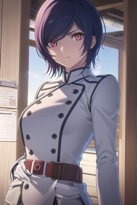 akudamaapprentice, <lora:akudama apprentice s1-lora-nochekaiser:1>,apprentice, short hair, black hair, (red eyes:1.3), hair between eyes,BREAK gloves, belt, white gloves, uniform, military, military uniform,BREAK outdoors, city,BREAK looking at viewer, (cowboy shot:1.5),BREAK <lyco:GoodHands-beta2:1>, (masterpiece:1.2), best quality, high resolution, unity 8k wallpaper, (illustration:0.8), (beautiful detailed eyes:1.6), extremely detailed face, perfect lighting, extremely detailed CG, (perfect hands, perfect anatomy),