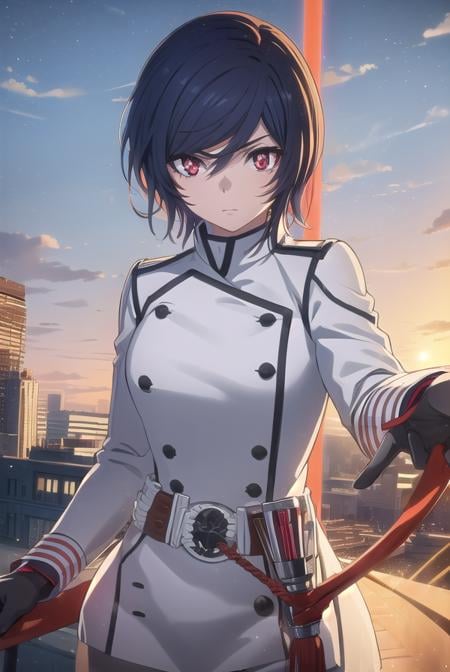 akudamaapprentice, <lora:akudama apprentice s1-lora-nochekaiser:1>,apprentice, short hair, black hair, (red eyes:1.3), hair between eyes,BREAK gloves, belt, white gloves, uniform, military, military uniform,BREAK outdoors, city,BREAK looking at viewer, (cowboy shot:1.5),BREAK <lyco:GoodHands-beta2:1>, (masterpiece:1.2), best quality, high resolution, unity 8k wallpaper, (illustration:0.8), (beautiful detailed eyes:1.6), extremely detailed face, perfect lighting, extremely detailed CG, (perfect hands, perfect anatomy),