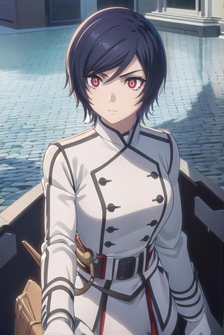 akudamaapprentice, <lora:akudama apprentice s1-lora-nochekaiser:1>,apprentice, short hair, black hair, (red eyes:1.3), hair between eyes,BREAK gloves, belt, white gloves, uniform, military, military uniform,BREAK outdoors, city,BREAK looking at viewer, (cowboy shot:1.5),BREAK <lyco:GoodHands-beta2:1>, (masterpiece:1.2), best quality, high resolution, unity 8k wallpaper, (illustration:0.8), (beautiful detailed eyes:1.6), extremely detailed face, perfect lighting, extremely detailed CG, (perfect hands, perfect anatomy),