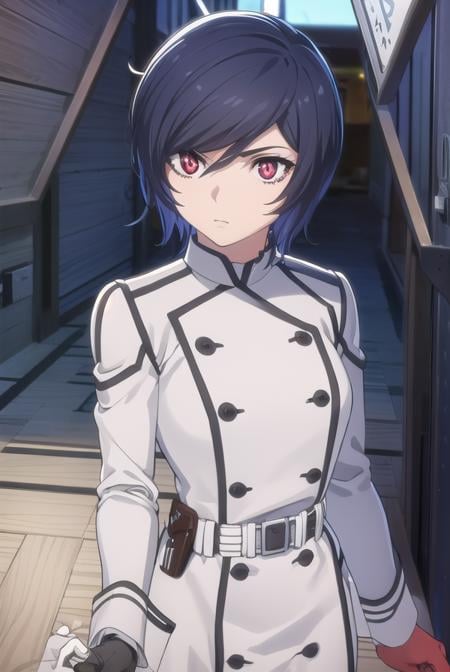 akudamaapprentice, <lora:akudama apprentice s1-lora-nochekaiser:1>,apprentice, short hair, black hair, (red eyes:1.3), hair between eyes,BREAK gloves, belt, white gloves, uniform, military, military uniform,BREAK outdoors, city,BREAK looking at viewer, (cowboy shot:1.5),BREAK <lyco:GoodHands-beta2:1>, (masterpiece:1.2), best quality, high resolution, unity 8k wallpaper, (illustration:0.8), (beautiful detailed eyes:1.6), extremely detailed face, perfect lighting, extremely detailed CG, (perfect hands, perfect anatomy),