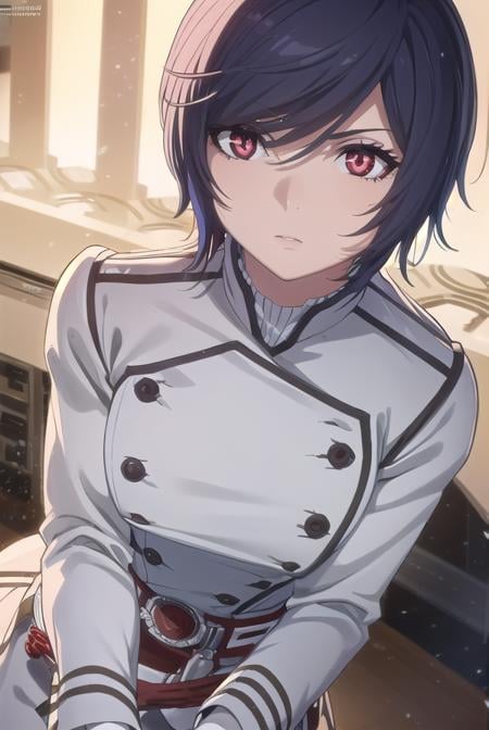 akudamaapprentice, <lora:akudama apprentice s1-lora-nochekaiser:1>,apprentice, short hair, black hair, (red eyes:1.3), hair between eyes,BREAK gloves, belt, white gloves, uniform, military, military uniform,BREAK outdoors, city,BREAK looking at viewer, (cowboy shot:1.5),BREAK <lyco:GoodHands-beta2:1>, (masterpiece:1.2), best quality, high resolution, unity 8k wallpaper, (illustration:0.8), (beautiful detailed eyes:1.6), extremely detailed face, perfect lighting, extremely detailed CG, (perfect hands, perfect anatomy),