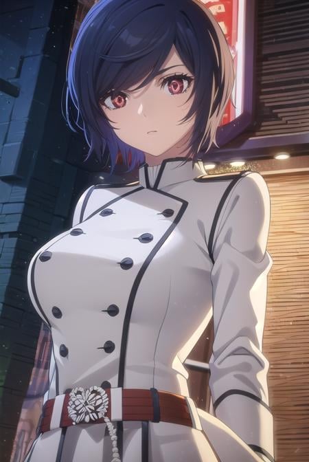 akudamaapprentice, <lora:akudama apprentice s1-lora-nochekaiser:1>,apprentice, short hair, black hair, (red eyes:1.3), hair between eyes,BREAK gloves, belt, white gloves, uniform, military, military uniform,BREAK outdoors, city,BREAK looking at viewer, (cowboy shot:1.5),BREAK <lyco:GoodHands-beta2:1>, (masterpiece:1.2), best quality, high resolution, unity 8k wallpaper, (illustration:0.8), (beautiful detailed eyes:1.6), extremely detailed face, perfect lighting, extremely detailed CG, (perfect hands, perfect anatomy),