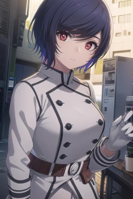 akudamaapprentice, <lora:akudama apprentice s1-lora-nochekaiser:1>,apprentice, short hair, black hair, (red eyes:1.3), hair between eyes,BREAK gloves, belt, white gloves, uniform, military, military uniform,BREAK outdoors, city,BREAK looking at viewer, (cowboy shot:1.5),BREAK <lyco:GoodHands-beta2:1>, (masterpiece:1.2), best quality, high resolution, unity 8k wallpaper, (illustration:0.8), (beautiful detailed eyes:1.6), extremely detailed face, perfect lighting, extremely detailed CG, (perfect hands, perfect anatomy),