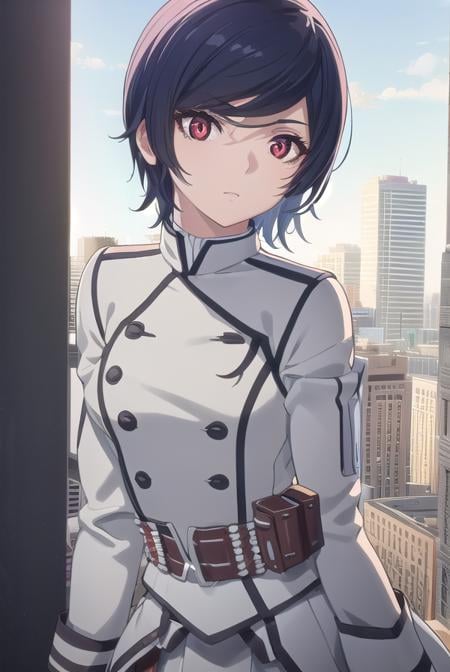 akudamaapprentice, <lora:akudama apprentice s1-lora-nochekaiser:1>,apprentice, short hair, black hair, (red eyes:1.3), hair between eyes,BREAK gloves, belt, white gloves, uniform, military, military uniform,BREAK outdoors, city,BREAK looking at viewer, (cowboy shot:1.5),BREAK <lyco:GoodHands-beta2:1>, (masterpiece:1.2), best quality, high resolution, unity 8k wallpaper, (illustration:0.8), (beautiful detailed eyes:1.6), extremely detailed face, perfect lighting, extremely detailed CG, (perfect hands, perfect anatomy),