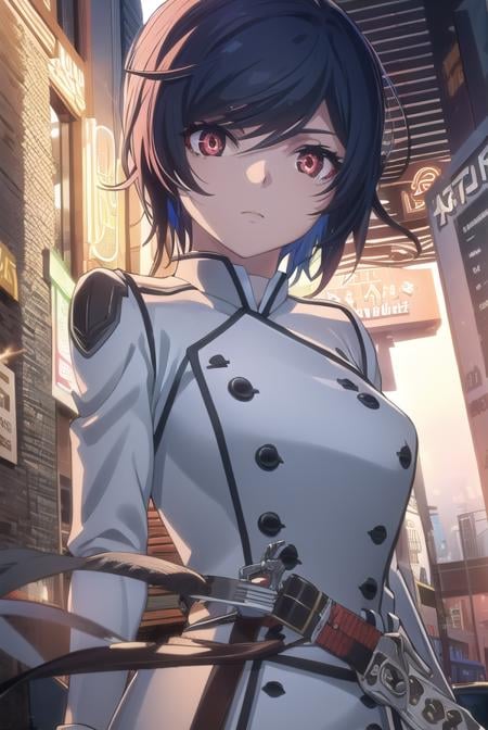 akudamaapprentice, <lora:akudama apprentice s1-lora-nochekaiser:1>,apprentice, short hair, black hair, (red eyes:1.3), hair between eyes,BREAK gloves, belt, white gloves, uniform, military, military uniform,BREAK outdoors, city,BREAK looking at viewer, (cowboy shot:1.5),BREAK <lyco:GoodHands-beta2:1>, (masterpiece:1.2), best quality, high resolution, unity 8k wallpaper, (illustration:0.8), (beautiful detailed eyes:1.6), extremely detailed face, perfect lighting, extremely detailed CG, (perfect hands, perfect anatomy),