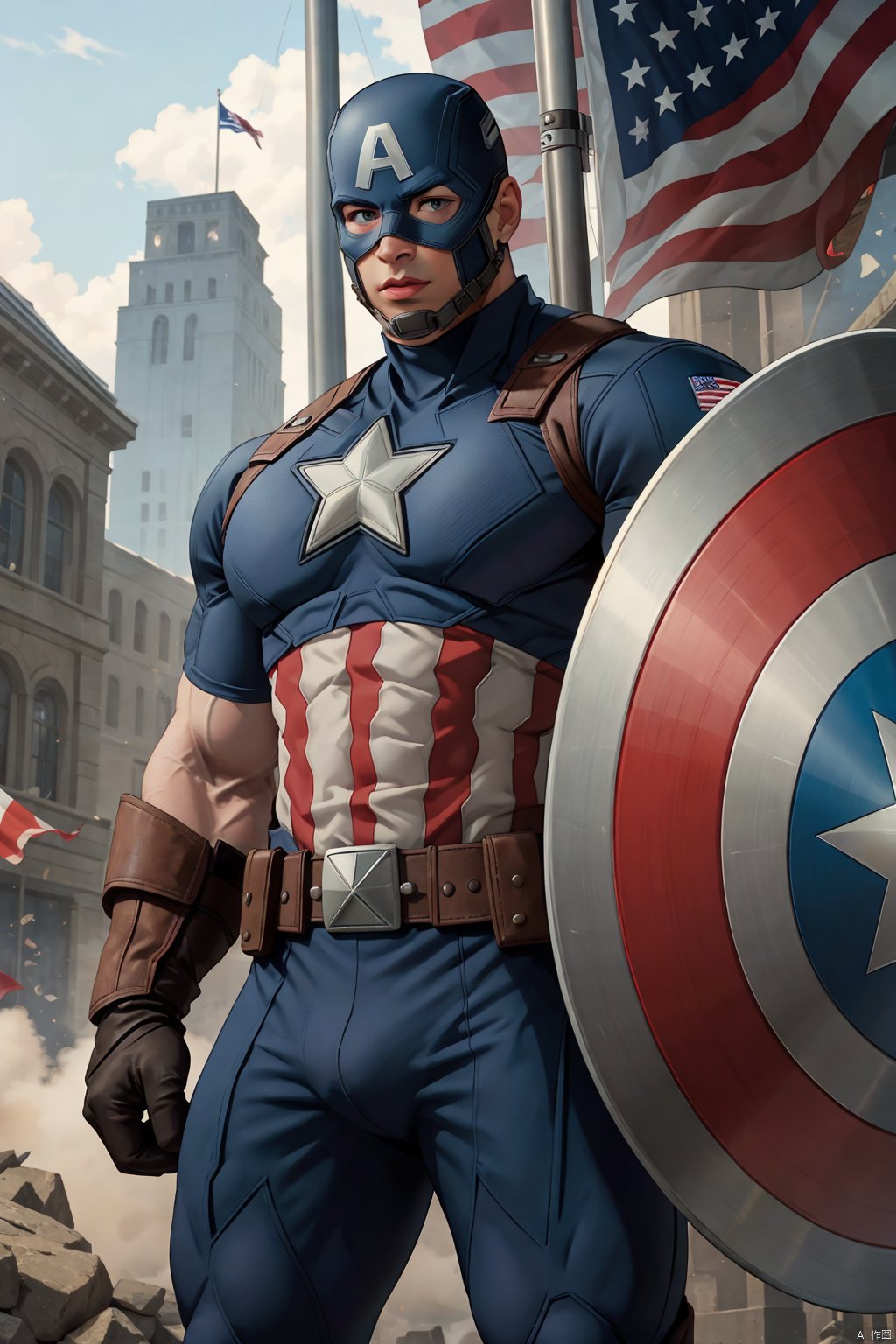 1boy,Captain America,male focus,solo,superhero,mask,muscular,bodysuit,belt,flag,(shield:1.2),american flag,manly,gloves,muscular male,