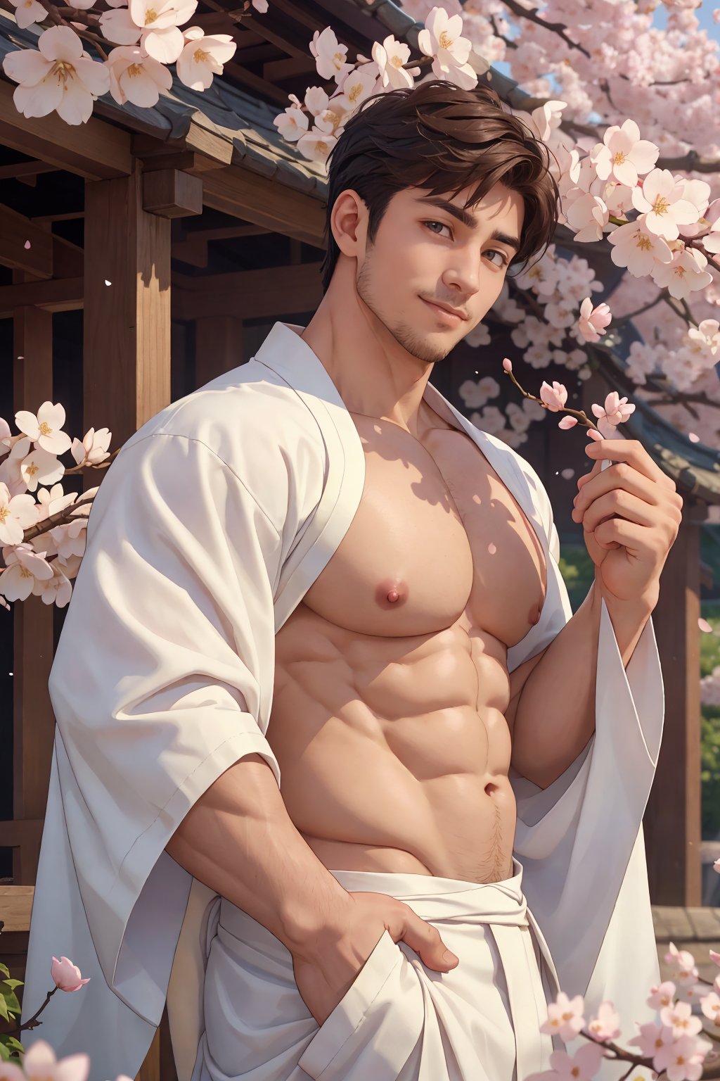 masterpiece,1 boy,Look at me,Handsome,beard,stars in the eyes,smirk,30 year old,japanese man,white kimono,muscular,large pectorals,puffy nipples,There are many scattered luminous petals,hiding in the cherry blossom flowers,Many scattered leaves,angle,contour deepening,cinematic angle,wind,detailed background,intricate details,Depth of field,textured skin,super detail,best quality,