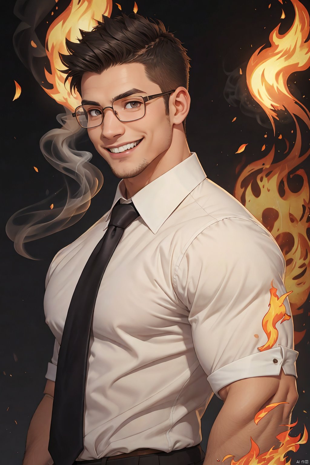 BREAK 1boy,solo,SenArmStrong,grey eyes,black hair,buzz cut,glasses,manly,muscular male,veins,grin,white shirt,yellow necktie,IncrsXLBrknGls,broken glass,reflection,upper body,flames,fire,dark,smoke,black background,