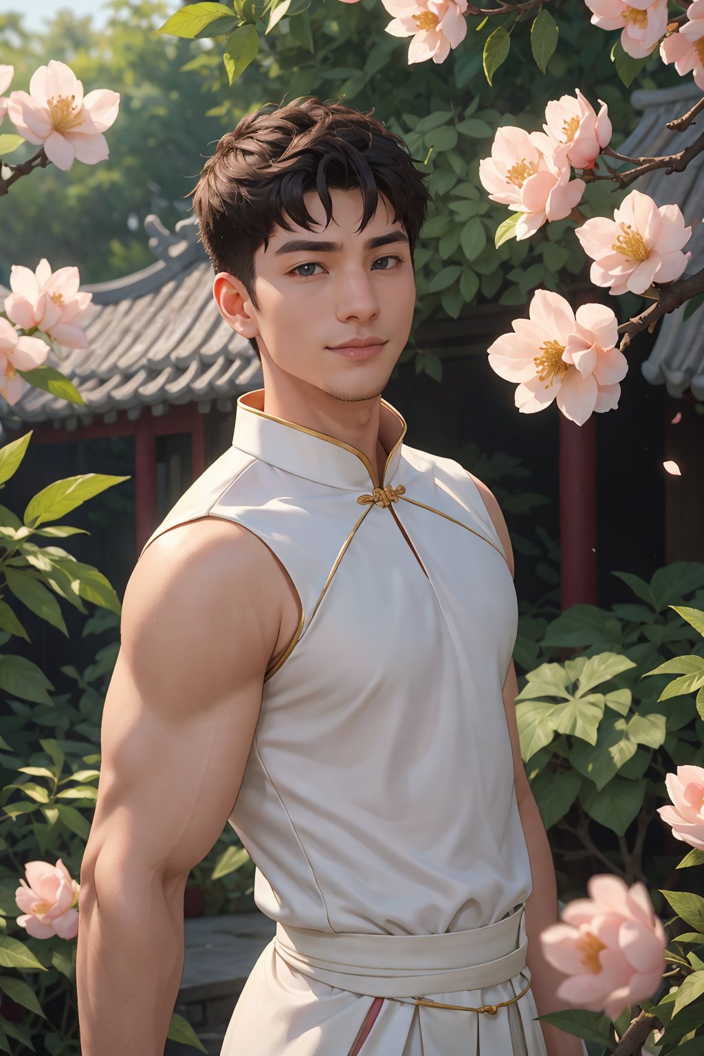 masterpiece,1 boy,Look at me directly.,Handsome,stars in the eyes,smirk,30 year old,Chinese men,White Chinese dress,There are many scattered luminous petals,Hide in the peach blossom,Many scattered leaves,angle,contour deepening,cinematic angle,wind,detailed background,intricate details,Depth of field,textured skin,super detail,best quality,