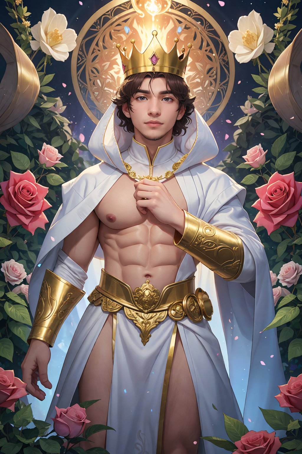 masterpiece,1 Man,(Asian male:0.6),Stubble,Professional photo of a 22-year-old man,Wear a crown,Pope.,Extravagant magical white robes,White ribbon,(iridescent gold:1.2),(magic swirls:1.2),Body hair,Abdominal hair,fractal pattern,Kaleidoscope,Huge flowers,(Combat posture:1.3),Gorgeous textures,Light blue sky,A lot of particle special effects.,Garden,Pink fluorescent roses,textured skin,super detail,best quality,