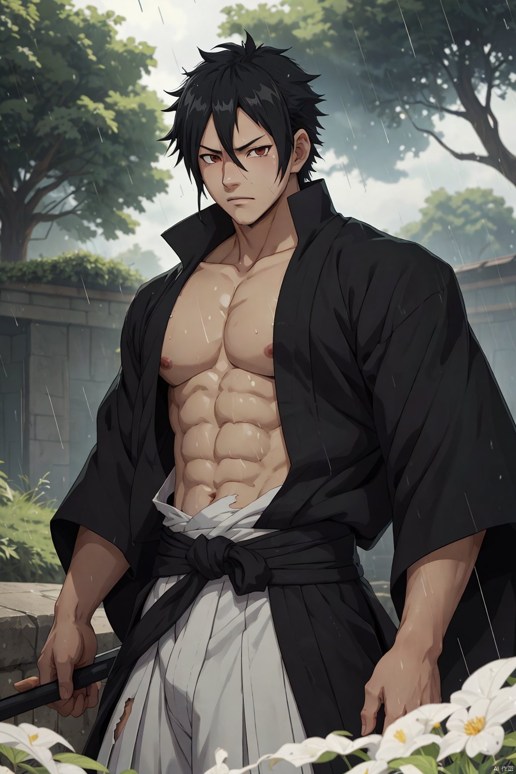 1boy,male focus,kurosaki ichigo,bleach,black hakama,tensa zangetsu (bankai),torn clothes,outdoors,rain,pectorals,(masterpiece),(best quality),(ultra-detailed),very aesthetic,illustration,disheveled hair,perfect composition,moist skin,intricate details,