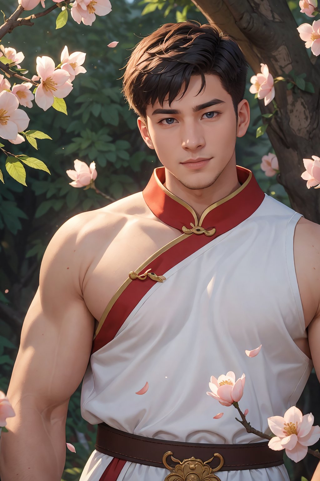 masterpiece,1 boy,Look at me directly.,Handsome,stars in the eyes,smirk,30 year old,Chinese men,White Chinese dress,There are many scattered luminous petals,Hide in the peach blossom,Many scattered leaves,angle,contour deepening,cinematic angle,wind,detailed background,intricate details,Depth of field,textured skin,super detail,best quality,