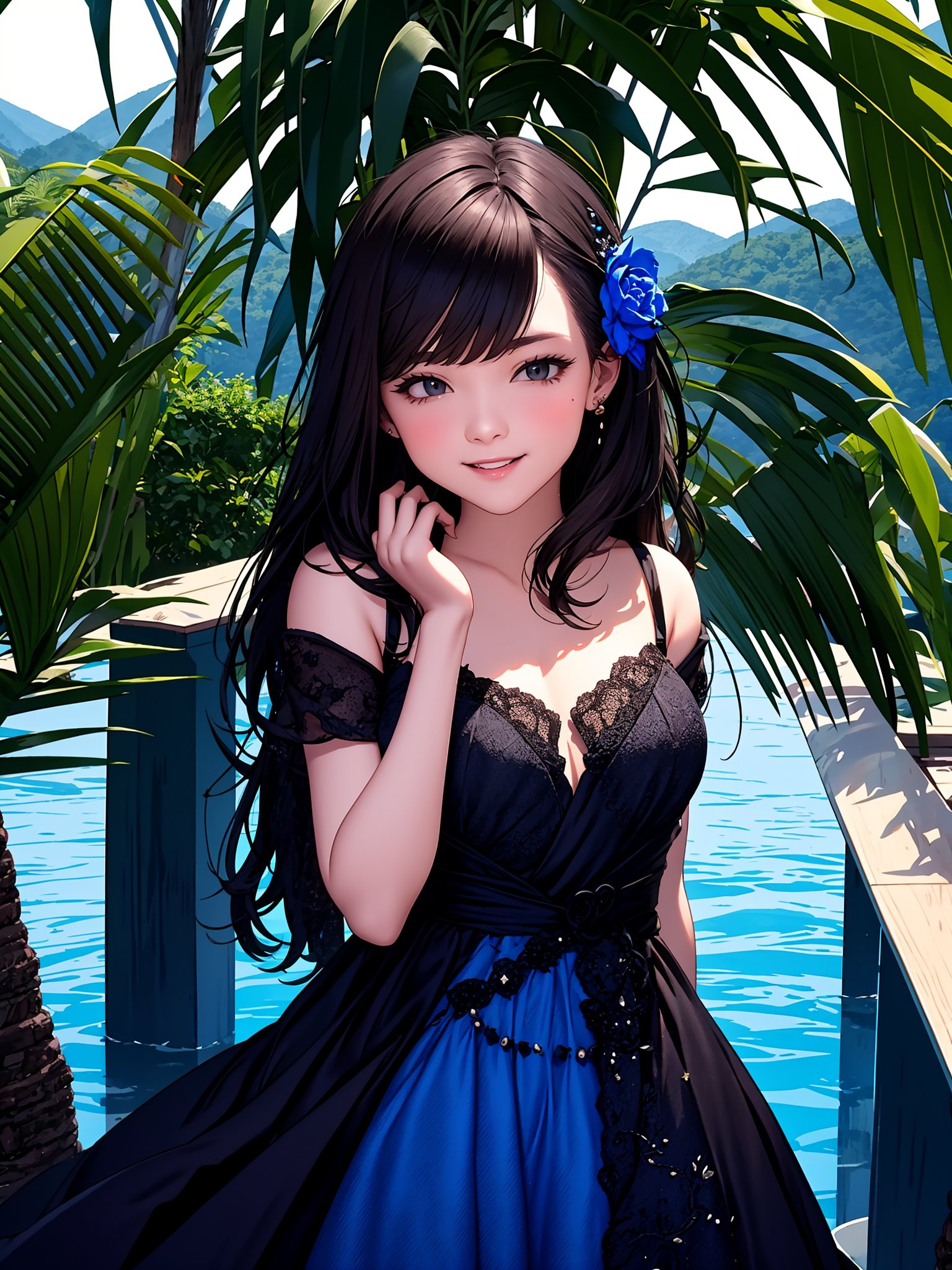 Portrait of beautiful girl,
, (kawaii girl:1.0), (1girl:1.3),   (medium breasts:1.0), (smile:0.8), (ultra-detailed, highres:1.0),.masterpiece,best quality,incredibly  detail eyes,shore, 

high detail eyes,
, age 17,medium breasts, seductive face ,High detailed ,ranty,

, rose fields views, on water, best smile, cute face, perfect light, , (black and blue dress :1.5),  no sleeves ,masterpiece,incredibly absurdres, (dark brown hair :1.3), (black eye :1.3), wavy_hair,(very long hair :1.3), bare_shoulders , rose park, medieval town, horizon mountains, sunrise, isekai, rose flower park + (depth of field:1.3), ( black and blue dress) + bare arms, bare shoulders, cleavage,("one-piece dress"), nude_thighhighs , flower hairpin , embrassed face, underwear showing , flower hairpin, short skirt, nipples visibles, half naked, stripping, nudes, underwear showing
 ,portrait,perfect light, cowboy_shot, moaning, blushing ,(see-through:1.2),long boots,

smile, half-closed eyes, full-face blush, cute face,Ranty,Elisabeth ,keqing \(opulent splendor\),Wenny,Tiur,Geby,illustration,POV,Else ,fcloseup,high detail eyes