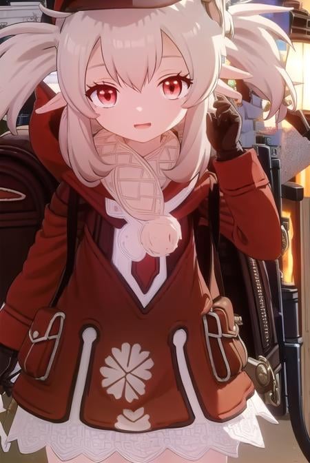 genshinklee, <lora:genshin klee ingame-lora-nochekaiser:1>,klee, long hair, bangs, (red eyes:1.3), hair between eyes, twintails, ahoge, sidelocks, pointy ears, low twintails, light brown hair, smile, open mouth,BREAK gloves, long sleeves, hat, bag, scarf, coat, backpack, red headwear, hat ornament, pocket, cabbie hat, randoseru, hat feather, red coat, charm \(object\), brown scarf, bag charm, clover print, dodoco \(genshin impact\),BREAK outdoors,BREAK looking at viewer, (cowboy shot:1.5),BREAK <lyco:GoodHands-beta2:1>, (masterpiece:1.2), best quality, high resolution, unity 8k wallpaper, (illustration:0.8), (beautiful detailed eyes:1.6), extremely detailed face, perfect lighting, extremely detailed CG, (perfect hands, perfect anatomy),