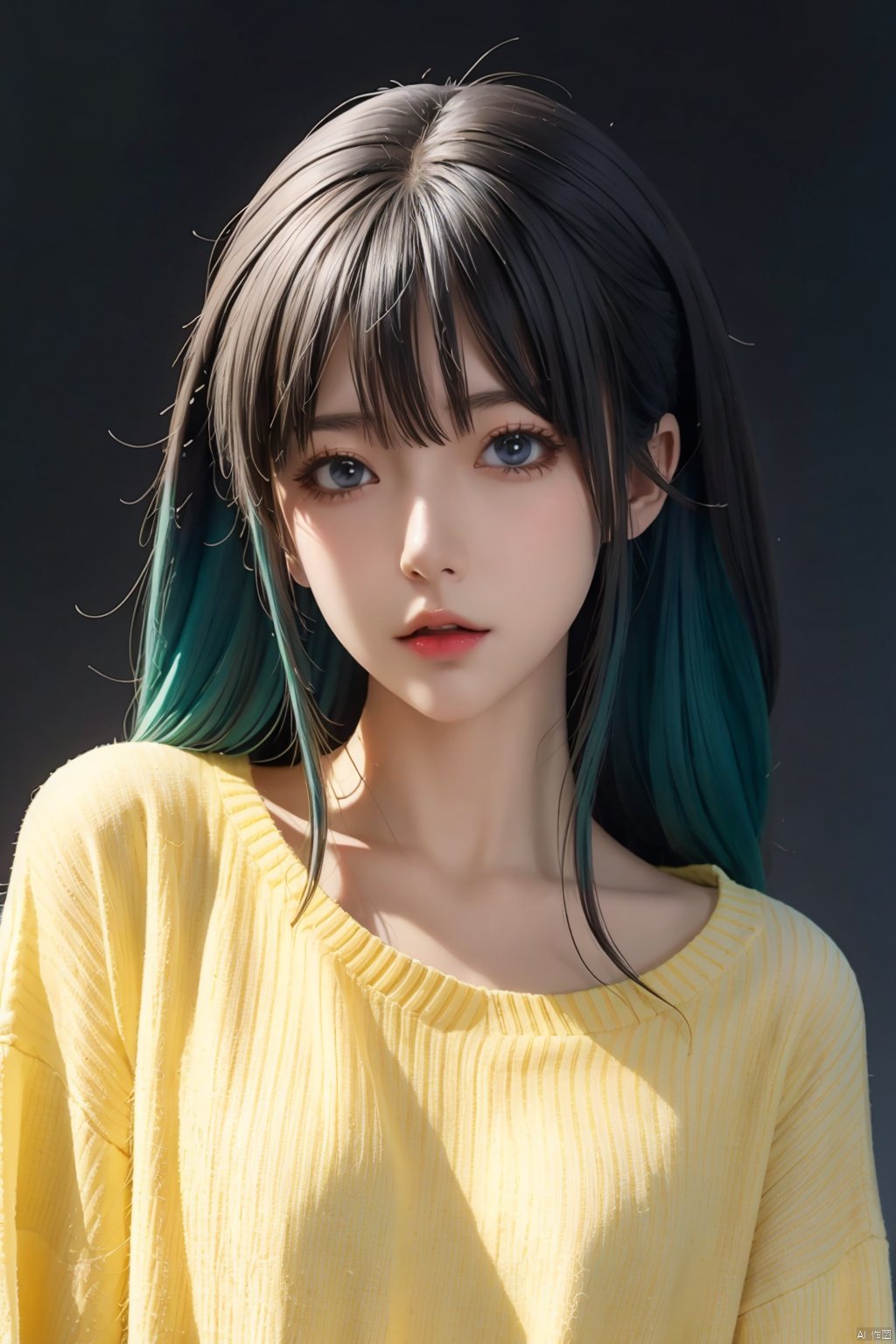 illustrator, anime, realistic, 1girl, lip, Sweater, order, Yellow gradient background, Neon hair, Textured crop, Canadian, (masterpiece, best quality),<lora:EMS-303737-EMS:0.800000>