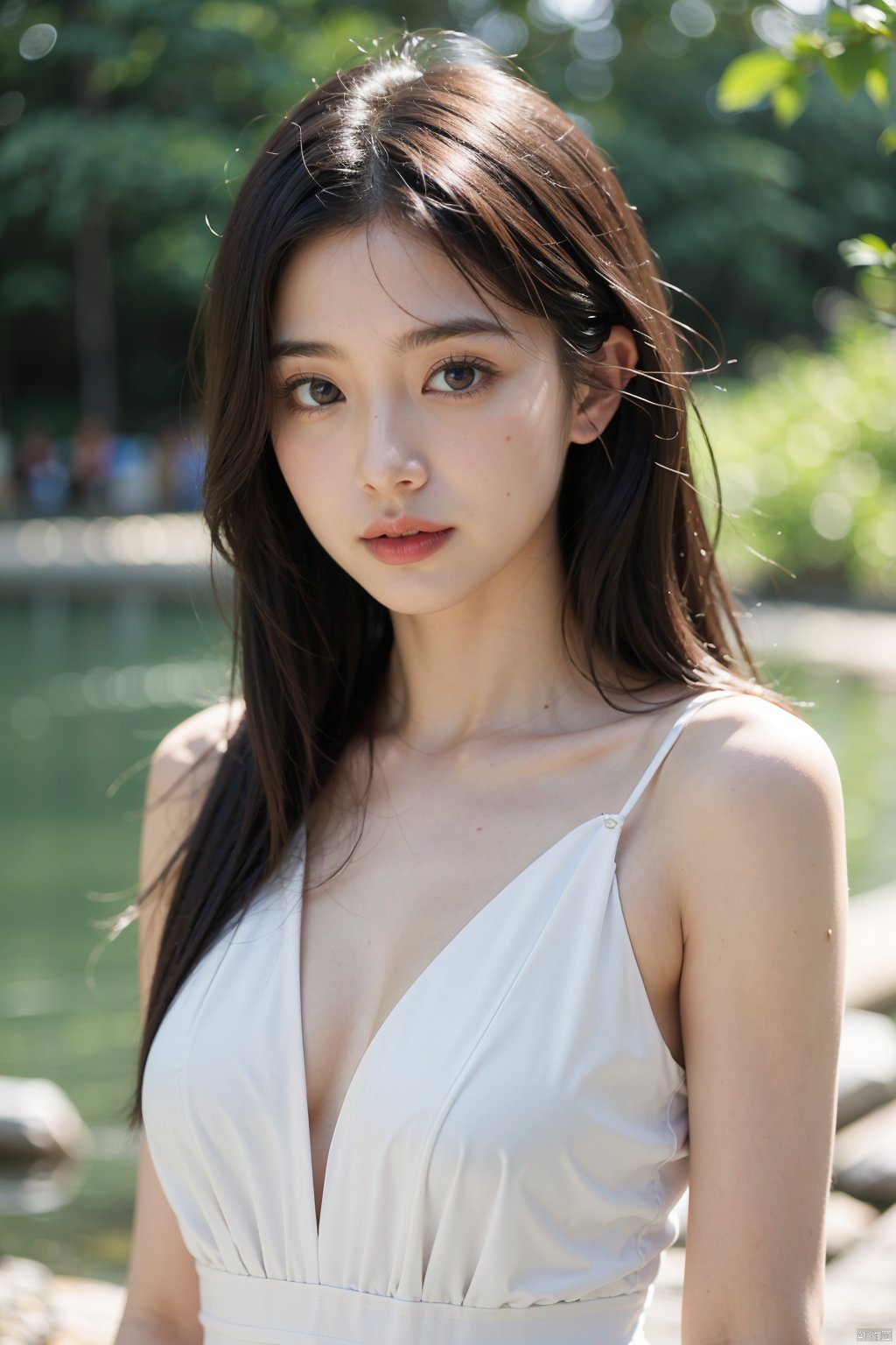  ,Masterpiece, Best quality,8K,超高分辨率,(beautidful eyes:1.5), ((Medium view,The upper part of the body:1.5)),In a quiet forest,Sunlight shines on the lake through the dense foliage,Form mottled shadows。A gentle goddess stands by the lake,She wore a soft white dress,Long hair flutters in the wind。