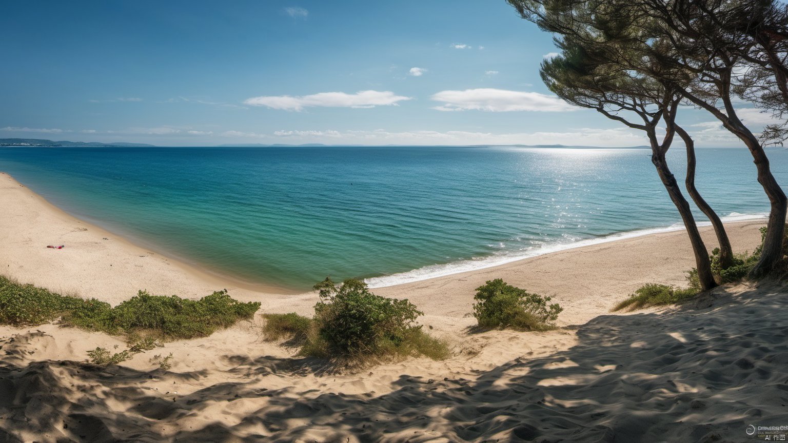  Overlooking,The distant sea,(Ocean 9.9),,(sea 9.9),(beach 1.9),(Representative), (boutique), Ultra HD, water, reflection, masterpiece, true light and shadow, wide Angle, outdoors, sky, day, cloud, water, tree, blue sky, no humans, nature, scenery, SDXL, beach,(Water 99.9),