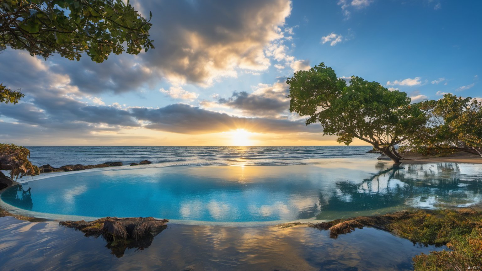  Overlooking,The distant sea,(Ocean 9.9),,(sea 9.9),(beach 1.9),(Representative), (boutique), Ultra HD, water, reflection, masterpiece, true light and shadow, wide Angle, outdoors, sky, day, cloud, water, tree, blue sky, no humans, nature, scenery, SDXL, beach,(Water 99.9),