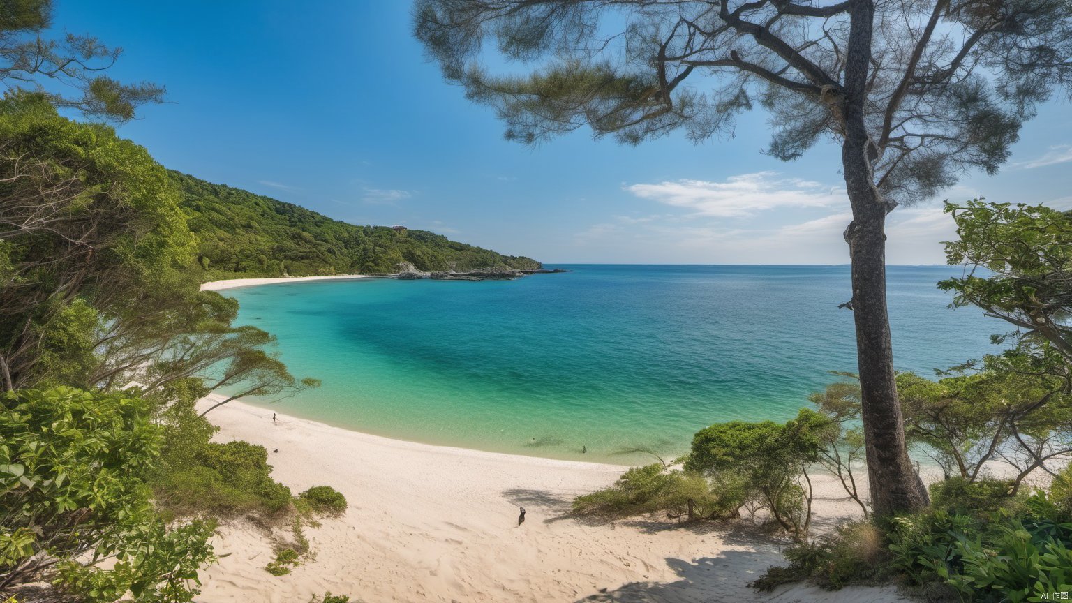  Overlooking,The distant sea,(Ocean 9.9),,(sea 9.9),(beach 1.9),(Representative), (boutique), Ultra HD, water, reflection, masterpiece, true light and shadow, wide Angle, outdoors, sky, day, cloud, water, tree, blue sky, no humans, nature, scenery, SDXL, beach,(Water 99.9),