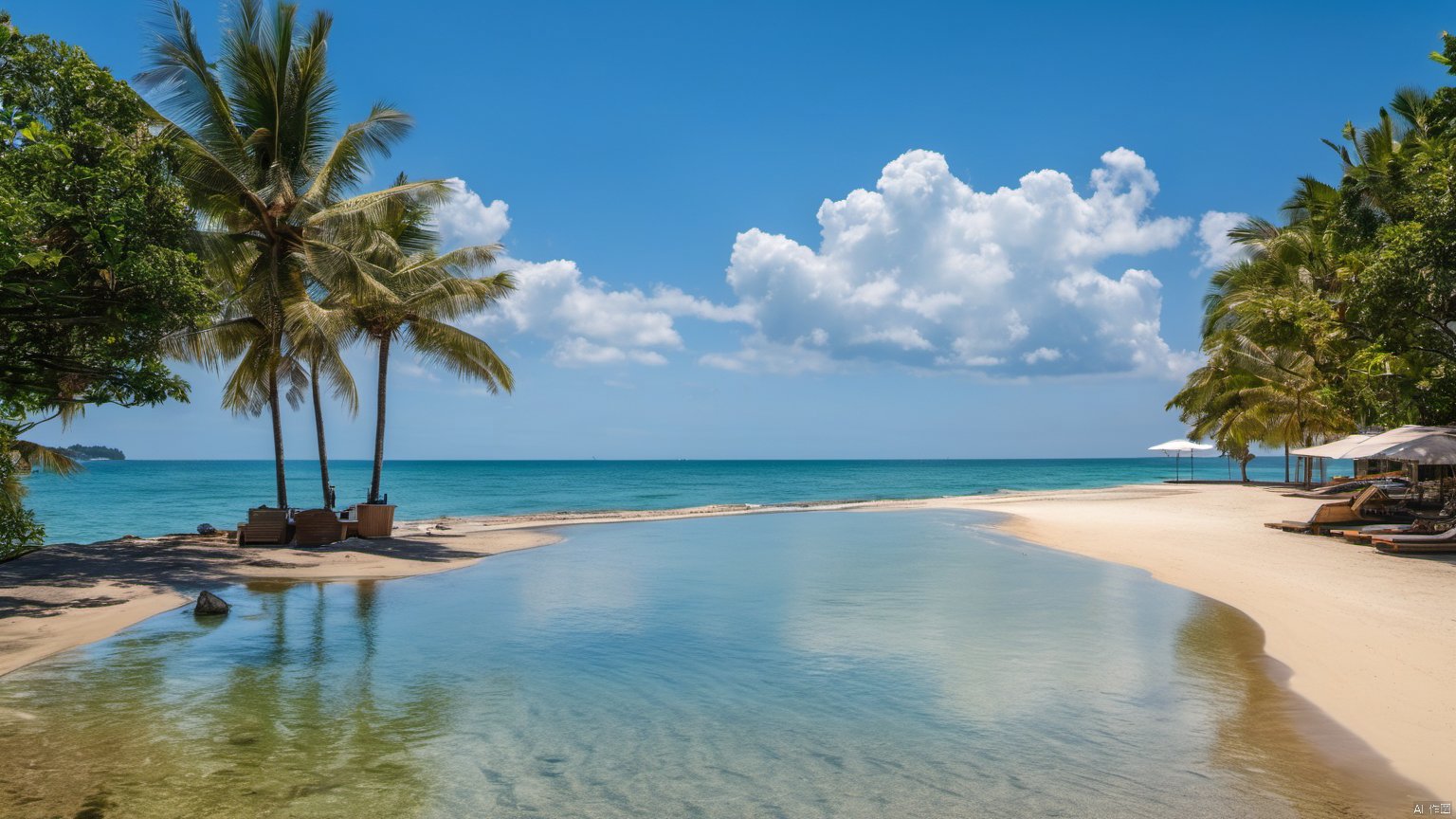  Overlooking,The distant sea,(Ocean 9.9),,(sea 9.9),(beach 1.9),(Representative), (boutique), Ultra HD, water, reflection, masterpiece, true light and shadow, wide Angle, outdoors, sky, day, cloud, water, tree, blue sky, no humans, nature, scenery, SDXL, beach,(Water 99.9),