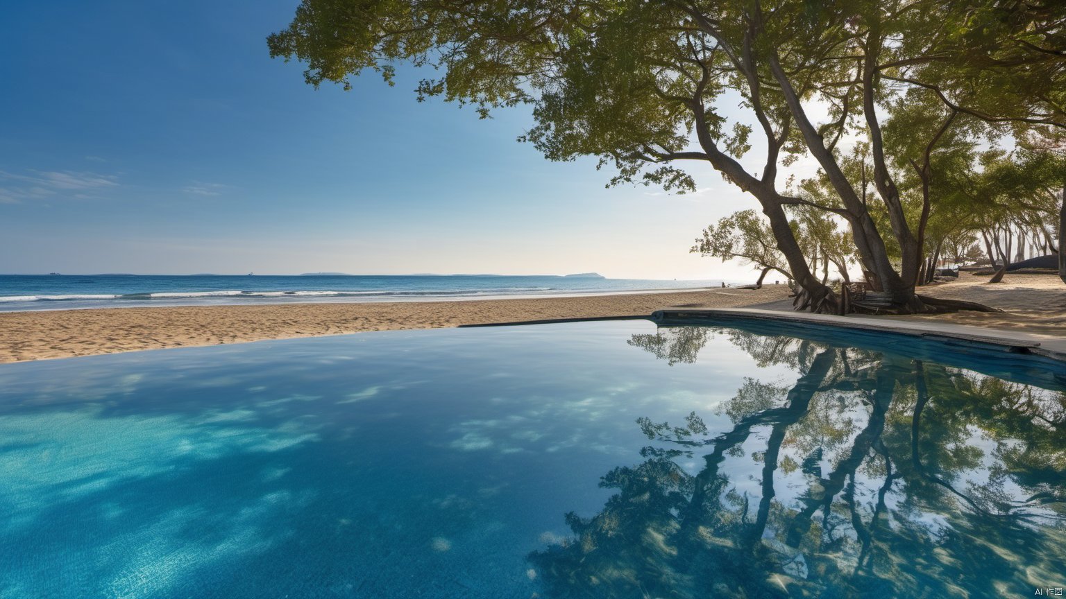  Overlooking,The distant sea,(Ocean 9.9),,(sea 9.9),(beach 1.9),(Representative), (boutique), Ultra HD, water, reflection, masterpiece, true light and shadow, wide Angle, outdoors, sky, day, cloud, water, tree, blue sky, no humans, nature, scenery, SDXL, beach,(Water 99.9),