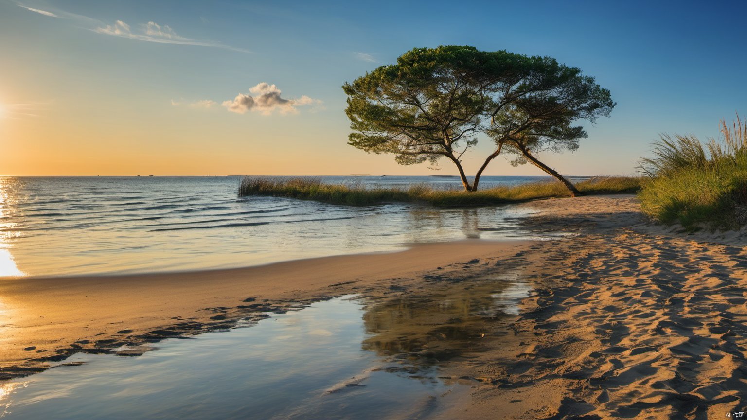  Overlooking,The distant sea,(Ocean 9.9),,(sea 9.9),(beach 1.9),(Representative), (boutique), Ultra HD, water, reflection, masterpiece, true light and shadow, wide Angle, outdoors, sky, day, cloud, water, tree, blue sky, no humans, nature, scenery, SDXL, beach,(Water 99.9),