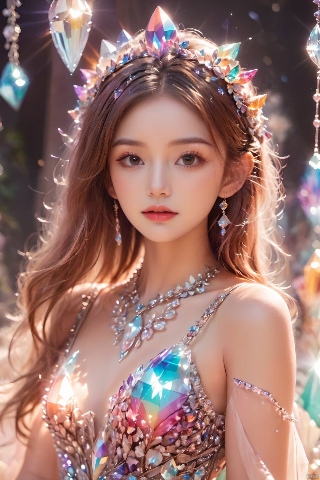 1 girl, crystal dress, crystal headdress, crystal necklace, crystal earrings, multicolored crystals, crystals suspended on her head, crystals behind her, crystals on her body, multicolored gradient hair, blurred background, brown hair,