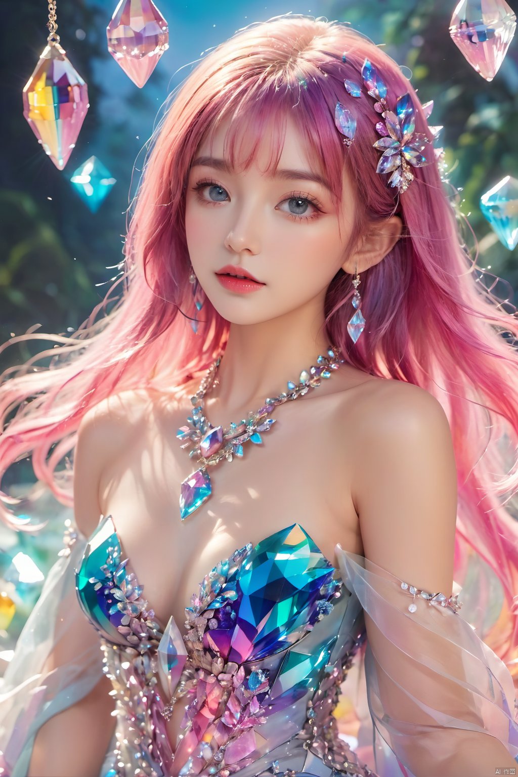 1girl, bangle, bangs, bare shoulders, blue eyes, breasts, cleavage, crystal,Colorful crystals,Crystal Headwear,There are many crystals on the clothes,Colorful gradient hair,Crystal Dress,Floating Colorful Crystal,Crystal on the body,Crystal necklace,Colorful crystal decoration,Crystal Girl, hair ornament, jewelry, long hair, looking at viewer, parted lips, pink hair, solo, 