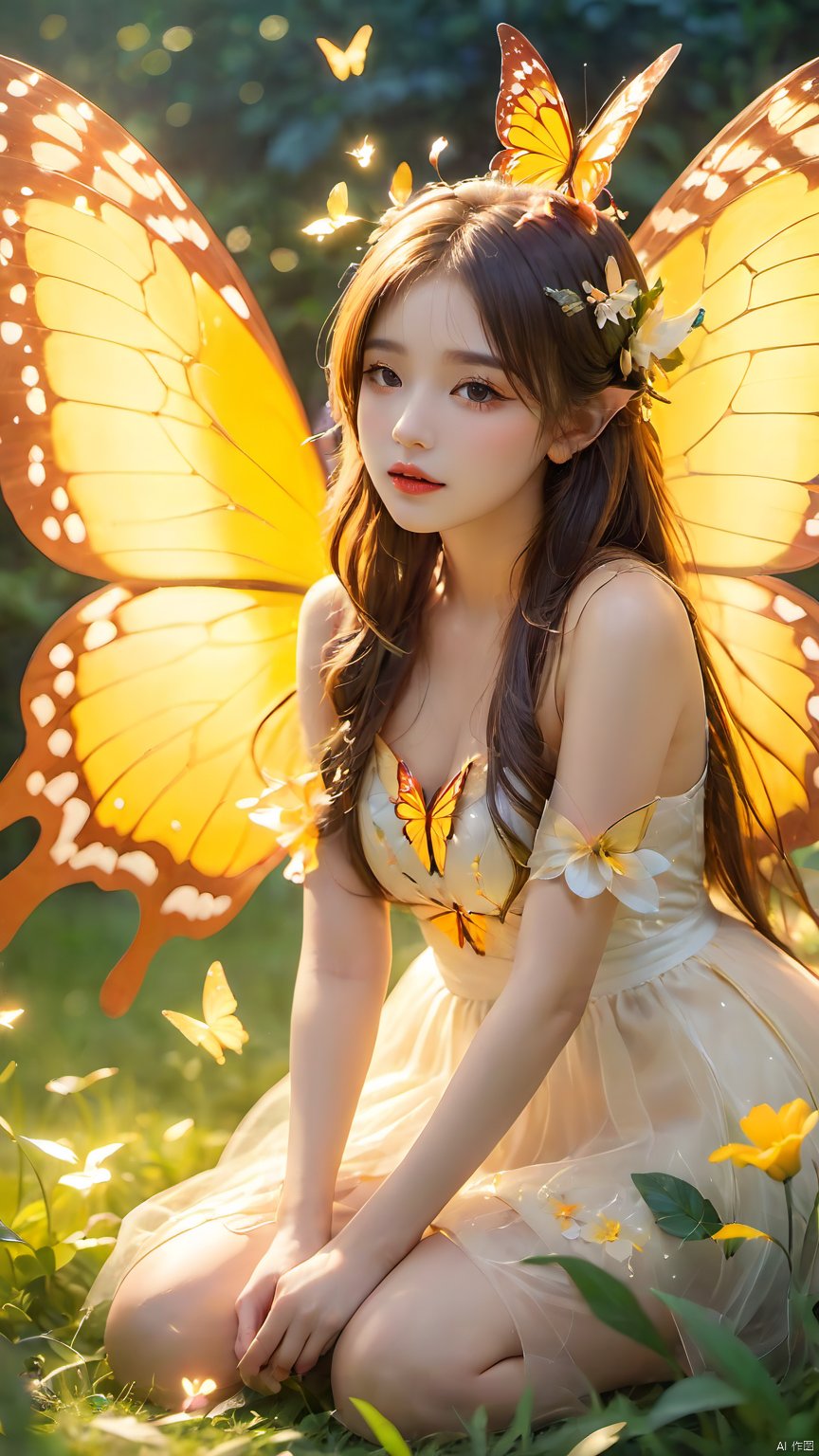  1girl,barefoot,butterfly,butterfly hair ornament,butterfly net,butterfly wings,dress,fairy,fairy wings,flower,glowing butterfly,Kneeling posture,hair ornament,grass,leaf,lips,long hair,Supporting hands on the ground,looking at viewer,nature,outdoors,plant,sitting,solo,white dress,wings,yellow flower