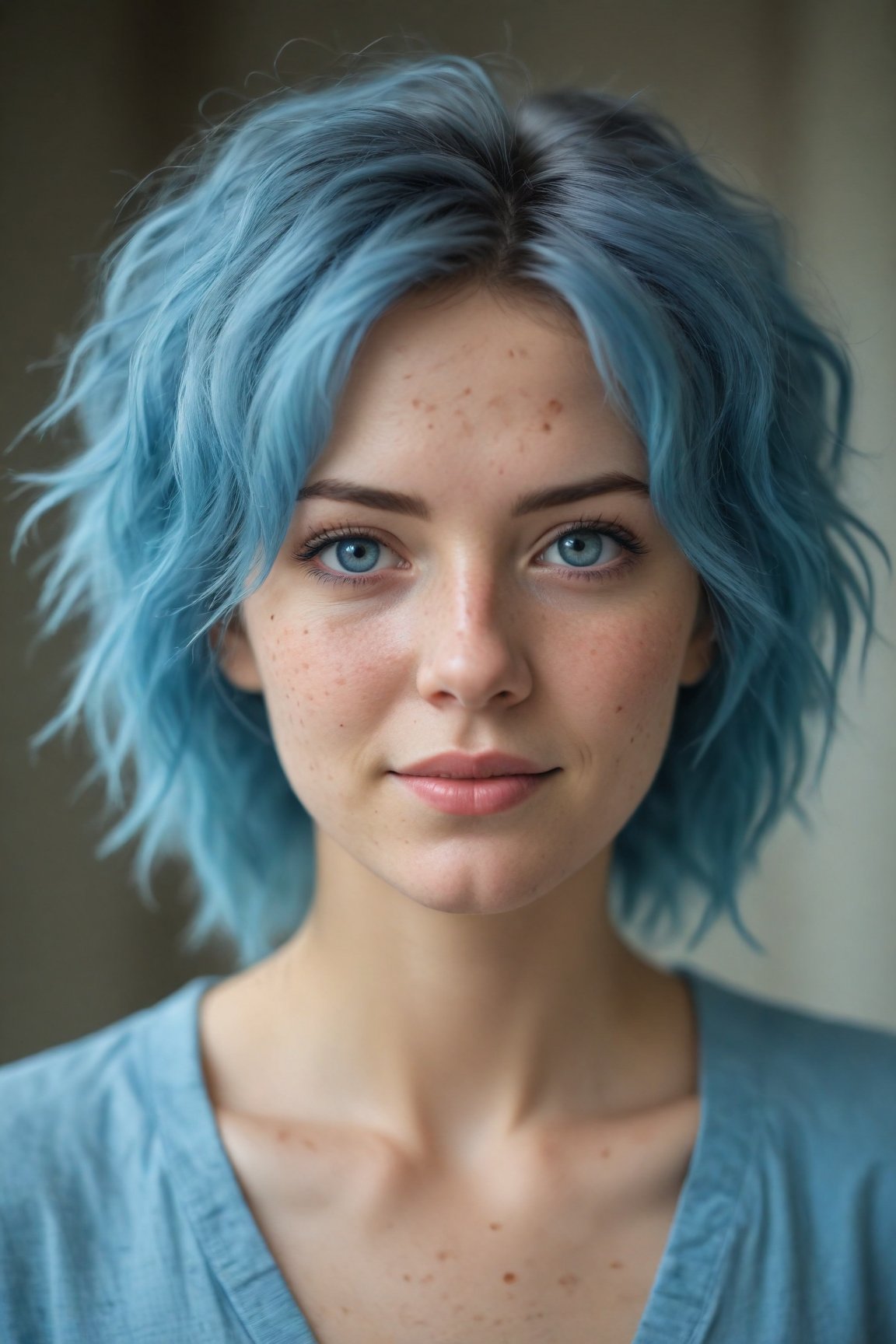 (best quality, 4k, 8k, highres, masterpiece:1.2), ultra-detailed, (realistic, photorealistic, photo-realistic:1.37), blue messy hair, light blue eyes, freckles, women, portrait, cinematic, bokeh, soft lighting, ethereal atmosphere, dreamy expressions, dynamic composition, textured background, vivid colors, subtle smile, graceful pose, professional, artistic, portrait, photography