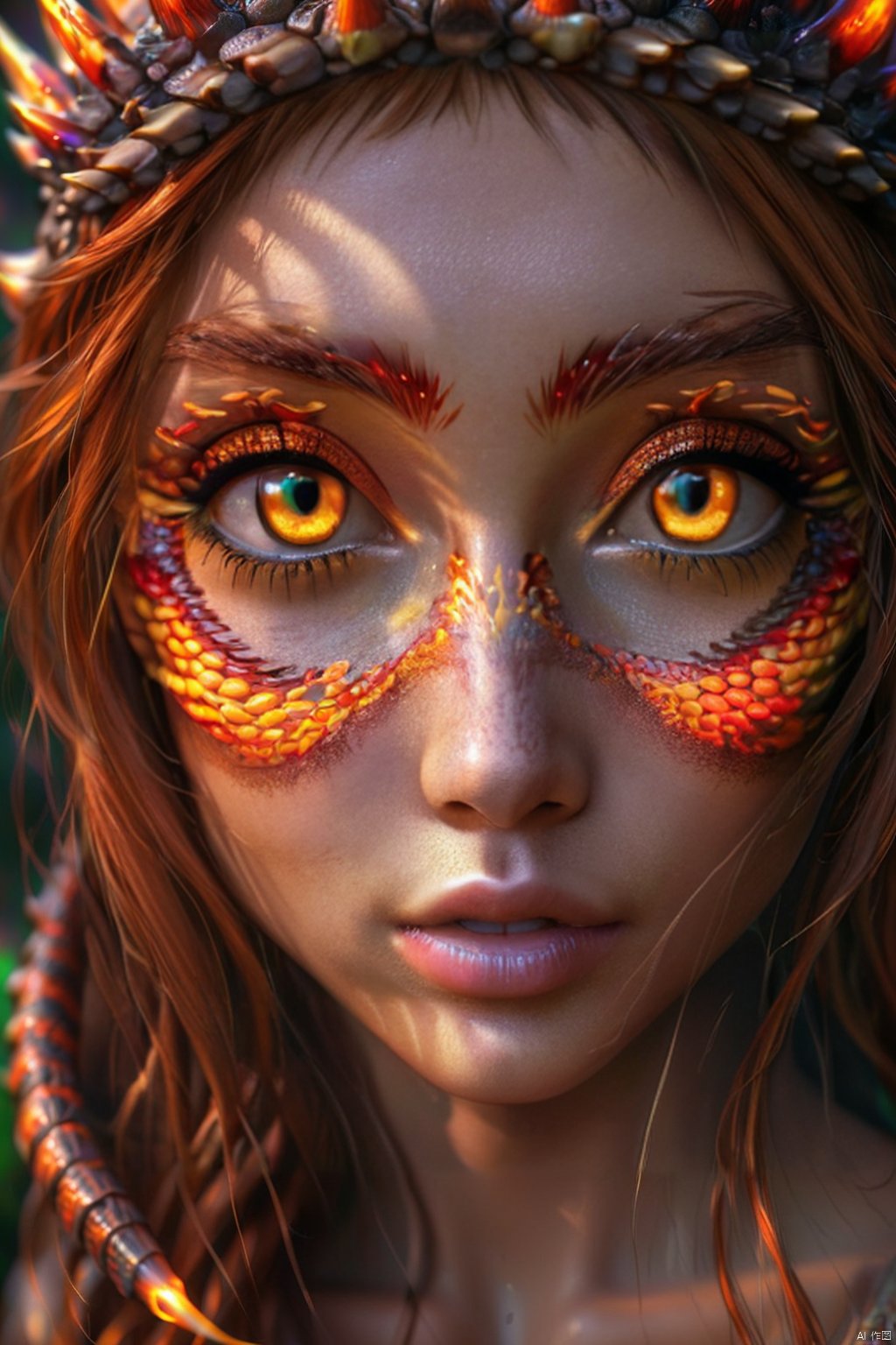 cute girl with fire bright  dragon eyes , intense gaze, SPIRAL RAINBOWIRIDAL EYES,FIRE DRAGON EYES