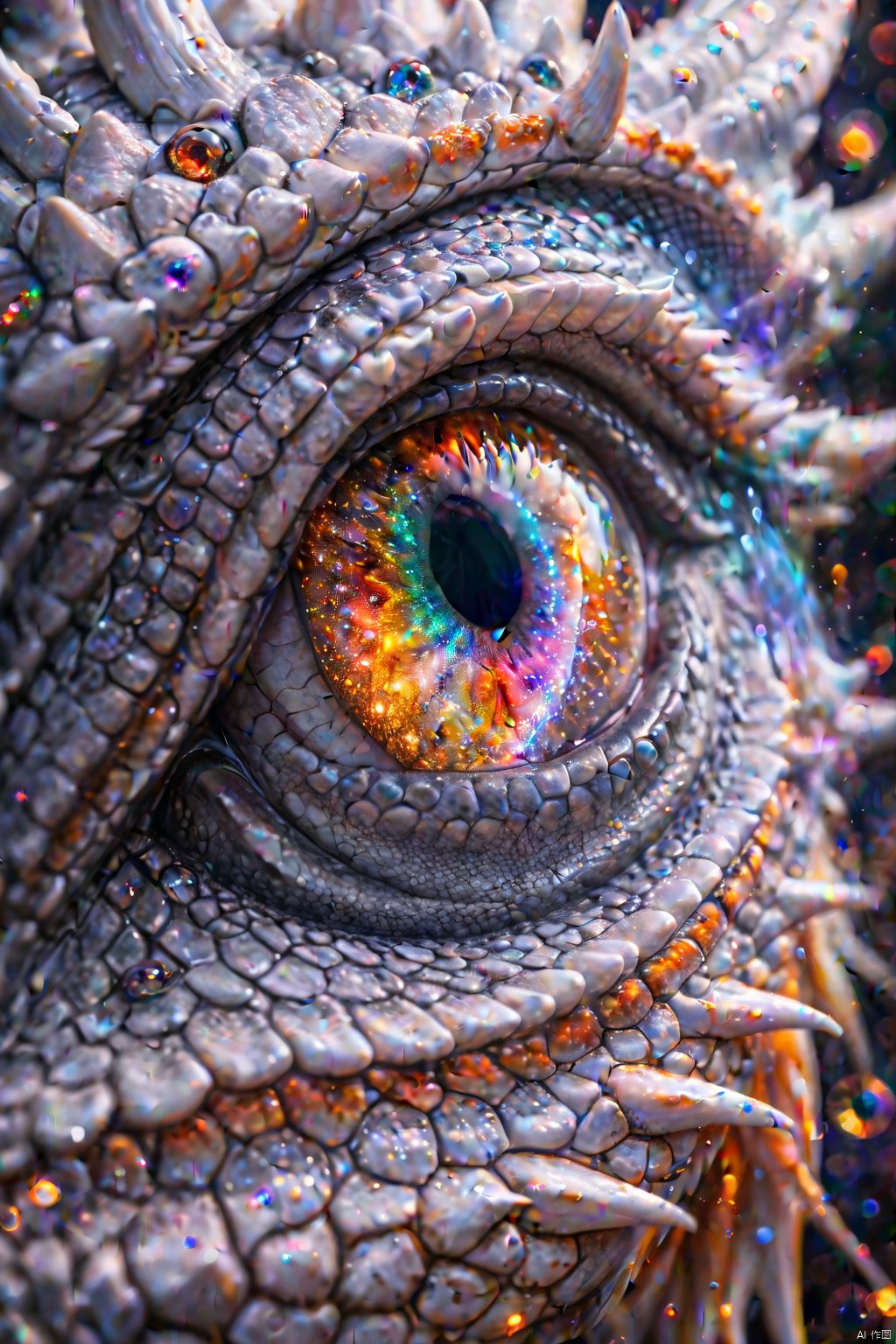 Extreme close up Portrait of a majestic white dragon, with a rainbowiridal galaxy in fire dragon eyes, highly detailed, tears, emotional, bokeh, taken at an angle, f/1.2, canon photography