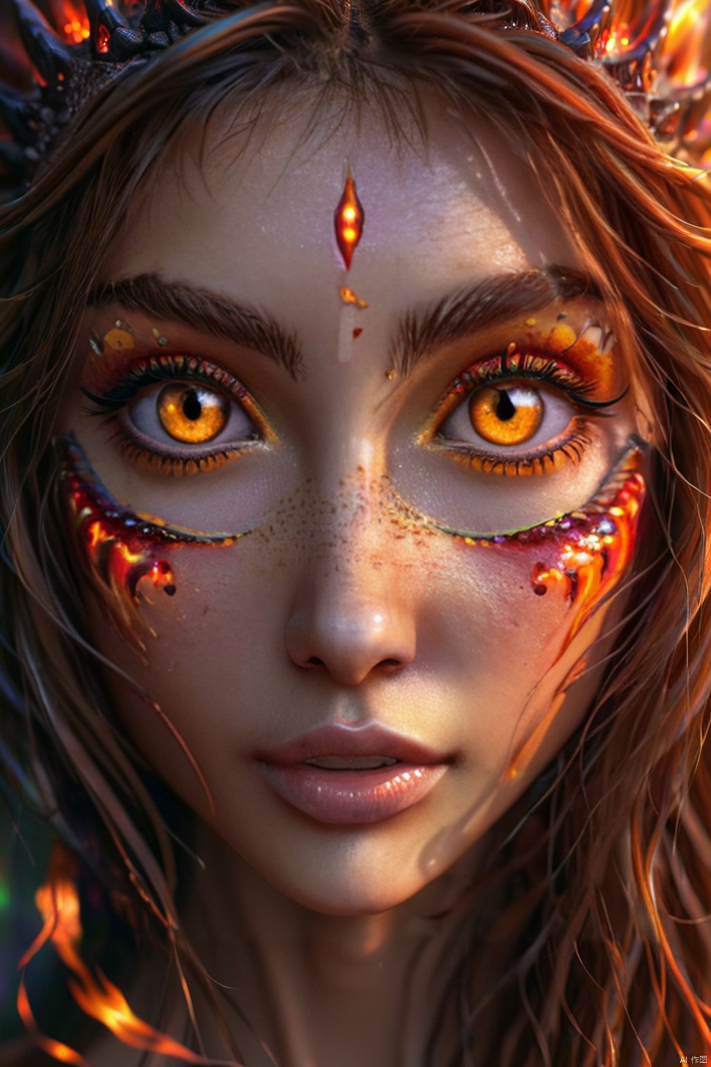 cute girl with fire bright  dragon eyes , intense gaze, SPIRAL RAINBOWIRIDAL EYES,FIRE DRAGON EYES