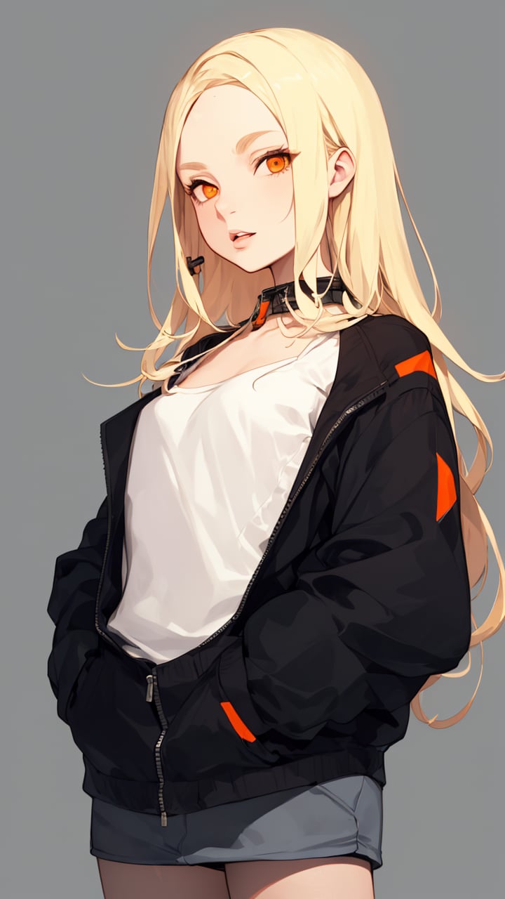 Niji6_style_lora_by_niolas, 1girl, solo, long hair, looking at viewer, blonde hair, simple background, long sleeves, standing, jacket, parted lips, orange eyes, spot color, orange background, cable,<lora:EMS-303833-EMS:0.600000>