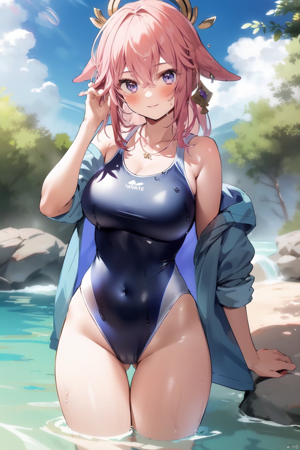  1girl, yae miko, breasts, solo, swimsuit, one-piece swimsuit, white one-piece swimsuit, sky, jewelry, thighs, wet, smile, looking at viewer, outdoors, hair ornament, covered navel, blue sky, hand on own thigh, day, cloud, wading, water, strap pull, large breasts, necklace, earrings, closed mouth, cowboy shot, bare shoulders, standing, head ornament, earrings