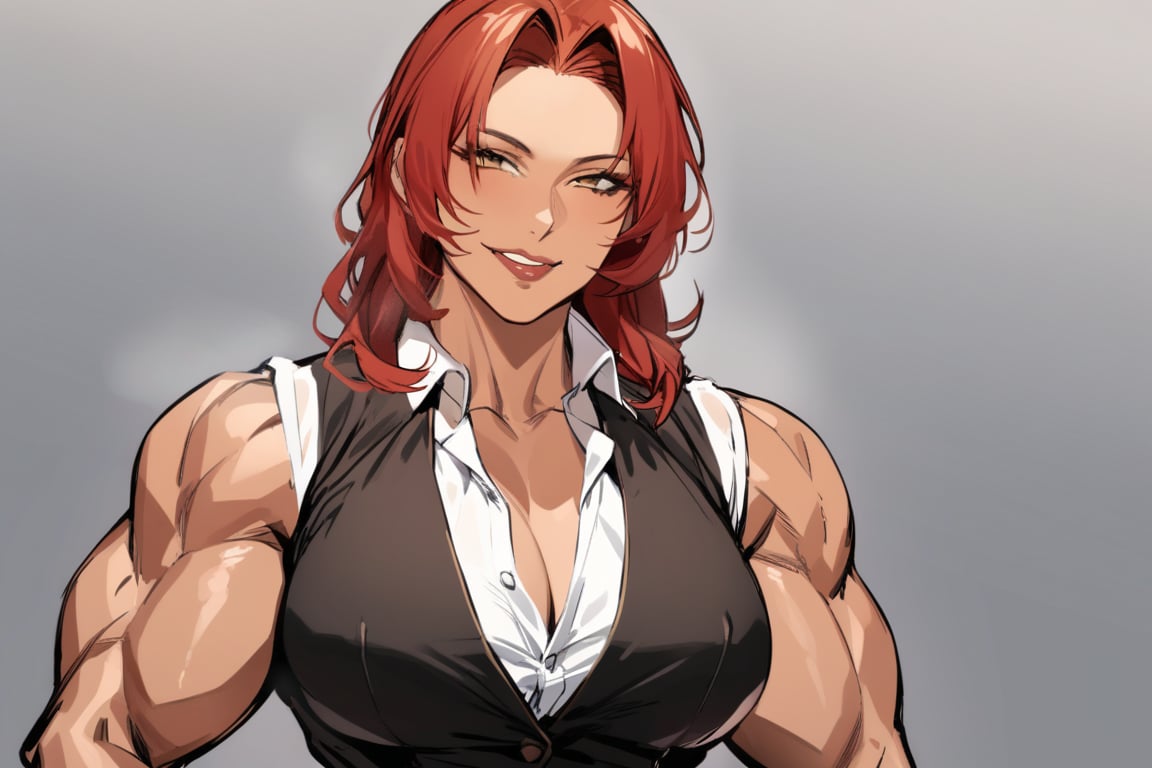 1girl,muscular_body,biceps,muscular_female,mature_female,solo_female,(masterpiece, best quality:1.2),looking at viewer, black_lipstick,milf, mature woman,shirt,vest,brown_skin,dark_skin,red_hair,black_lipstick,bad_prompt_version2,,smirk,forehead,hair_intakes,solo,cowboy_shot,solo,plump_lips