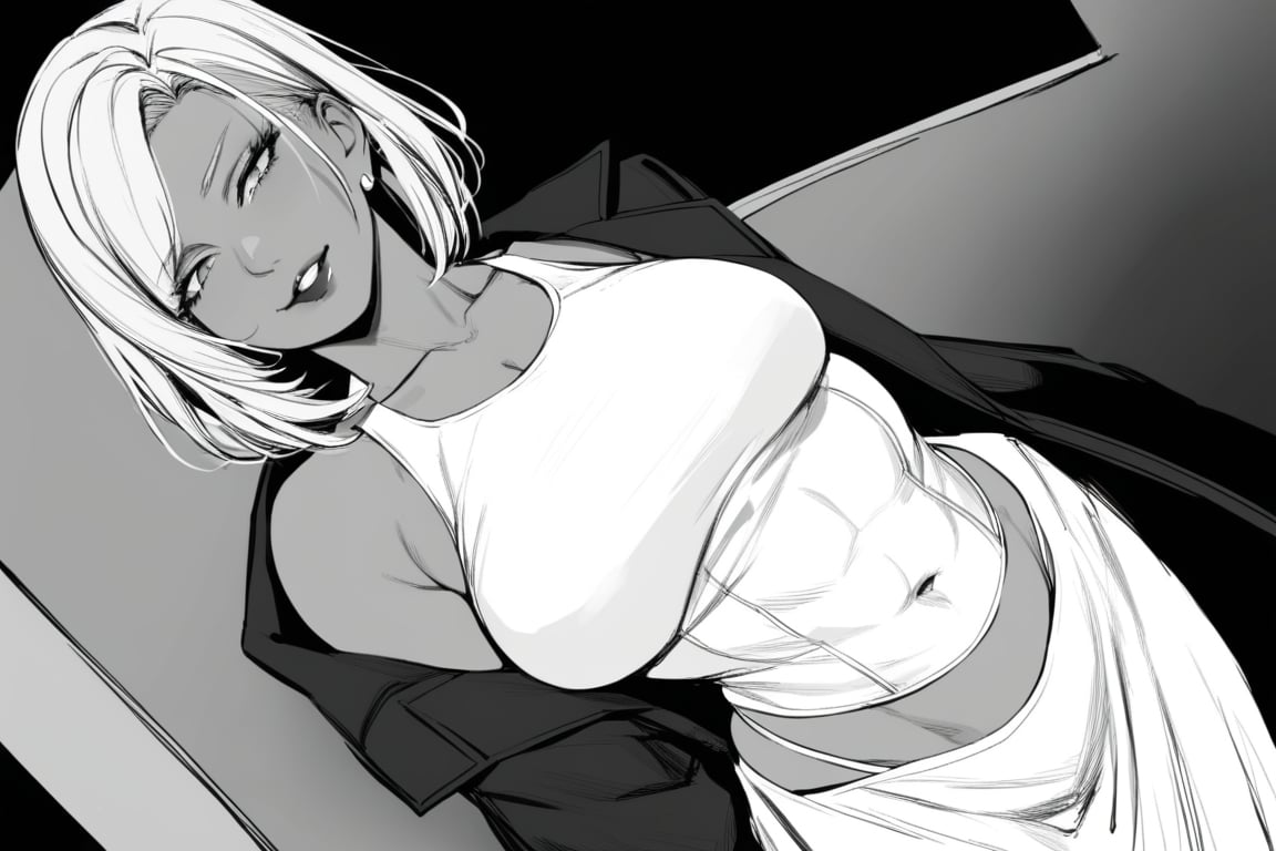 1girl,muscular_female,very_short_hair,covered_navel,black_background,thick_lips,plump_lips,muscular_female,undercut,solo_female,(masterpiece, best quality:1.2),looking at viewer, black_lipstick,white_dress,greyscale,monochrome,overcoat,brown_skin,brown_skin,greyscale,black_lipstick,bad_prompt_version2,smirk,solo,dutch_angle,solo,plump_lips,navel,undercut_hairstyle,,very_short_hair,