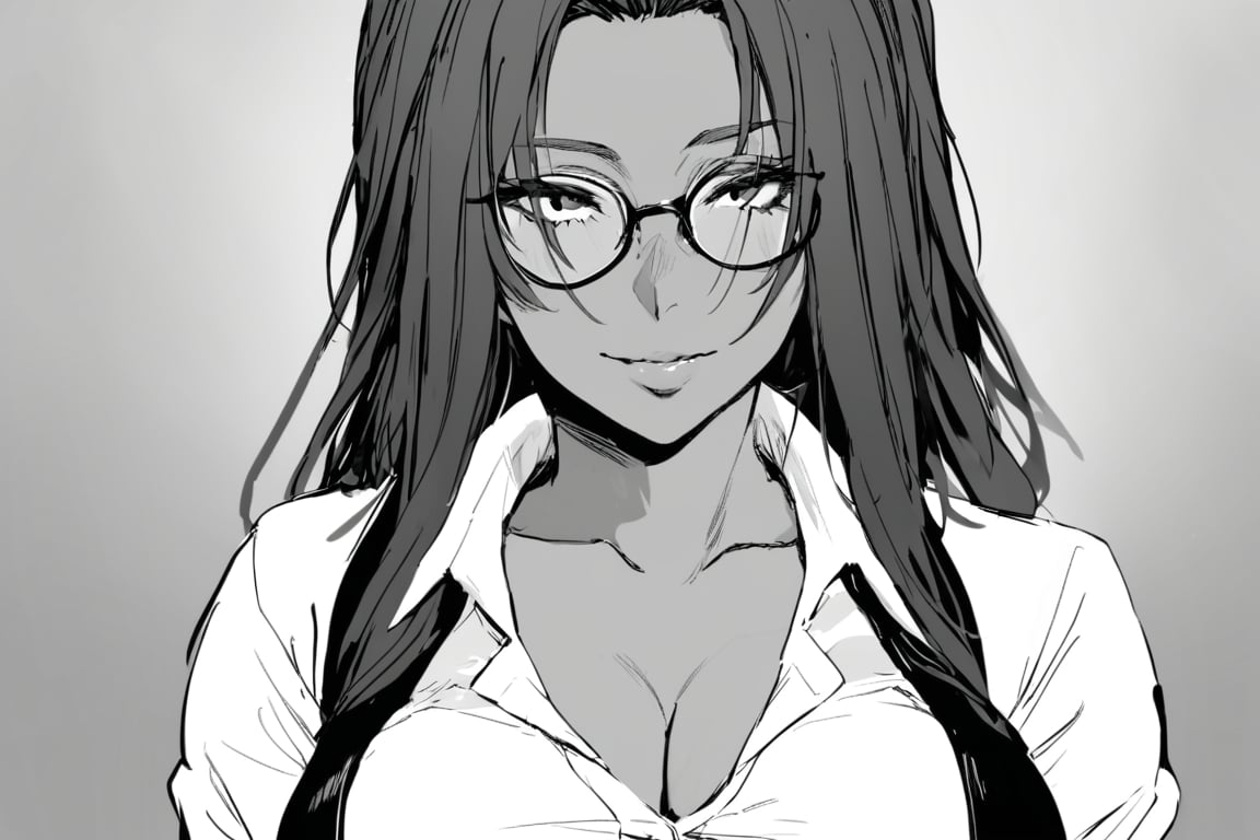,1girl,mature_woman,clevage,white_shirt,,solo_focus,red_hair,office_lady,hair_vents,forehead,glasses,naughty_face,(masterpiece,best quality:1.2),monochrome,dark_skin, black_hair,dark_skin,solo_female, grayscale, round_glasses,collarbone,cleavage, partially_opened_shirt,